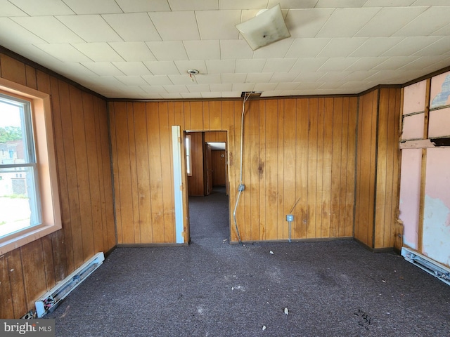 101 S Payson St, Baltimore, MD 21223 - empty room with plenty of natural light, wood walls, a baseboard radiator, and carpet floors