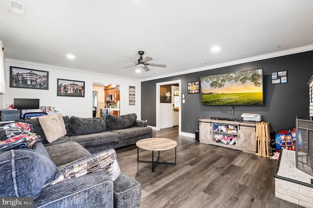672 Austin Dr, Fairless Hills, PA 19030 - living room featuring recessed lighting, dark wood-style flooring, a ceiling fan, and ornamental molding