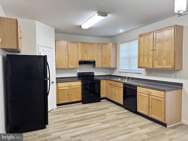 466 Sequoia Dr, Smyrna, DE 19977 - kitchen featuring black appliances, exhaust hood, light wood finished floors, dark countertops, and light brown cabinetry
