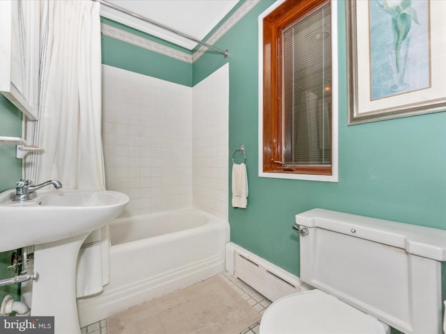 5100 Brook Green Rd, Baltimore, MD 21229 - full bathroom featuring a baseboard radiator, shower / bath combination with curtain, ornamental molding, and tile patterned flooring