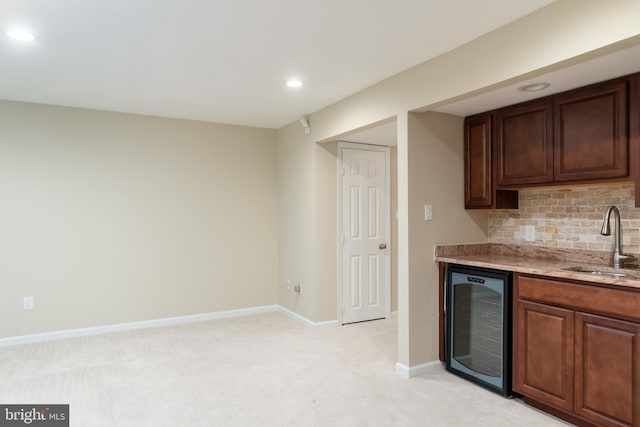 1906 Duffield Ln, Alexandria, VA 22307 - indoor wet bar featuring beverage cooler, recessed lighting, tasteful backsplash, and light colored carpet