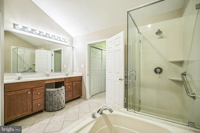 2350 Rosemont Ter, Furlong, PA 18925 - bathroom featuring vaulted ceiling, a stall shower, double vanity, a bath, and tile patterned floors