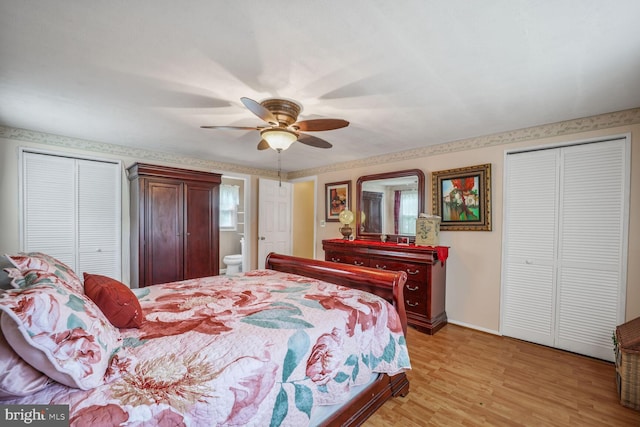 12502 Kilbourne Ln, Bowie, MD 20715 - bedroom featuring multiple closets, light wood-style flooring, and ceiling fan