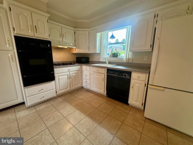 2475 Wharton Rd, York, PA 17402 - kitchen featuring black appliances, a warming drawer, ornamental molding, under cabinet range hood, and white cabinets