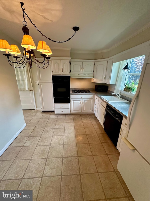 2475 Wharton Rd, York, PA 17402 - kitchen with black appliances, crown molding, white cabinetry, under cabinet range hood, and a chandelier