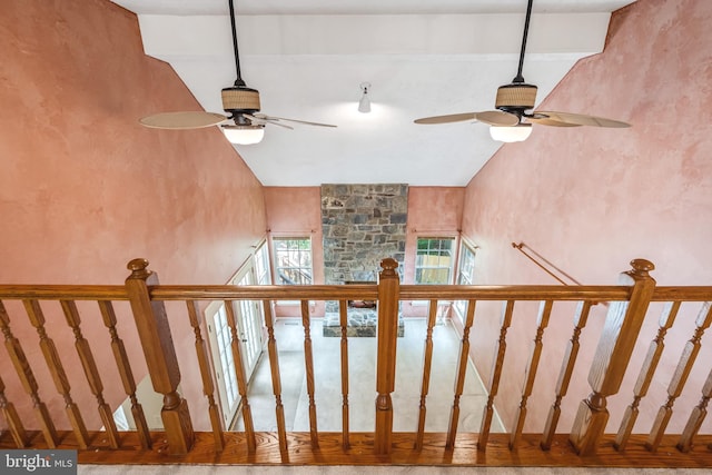 16715 Tintagel Ct, Dumfries, VA 22025 - stairs featuring a ceiling fan and high vaulted ceiling