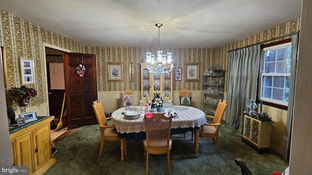 59 Singer Rd, New Freedom, PA 17349 - dining room featuring wallpapered walls, a chandelier, and dark carpet