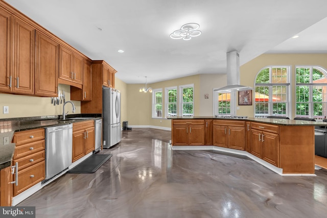 13716 Molly Berry Rd, Brandywine, MD 20613 - kitchen featuring appliances with stainless steel finishes, island exhaust hood, finished concrete flooring, brown cabinetry, and recessed lighting