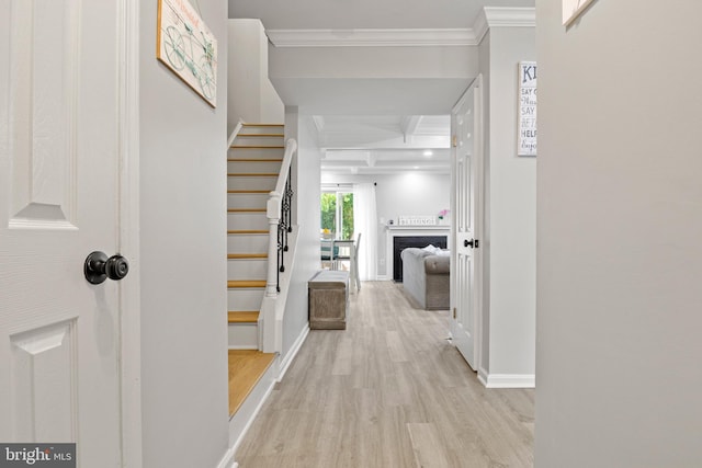 14983 Cheyenne Way, Haymarket, VA 20169 - hallway with wood finished floors, ornamental molding, and stairway