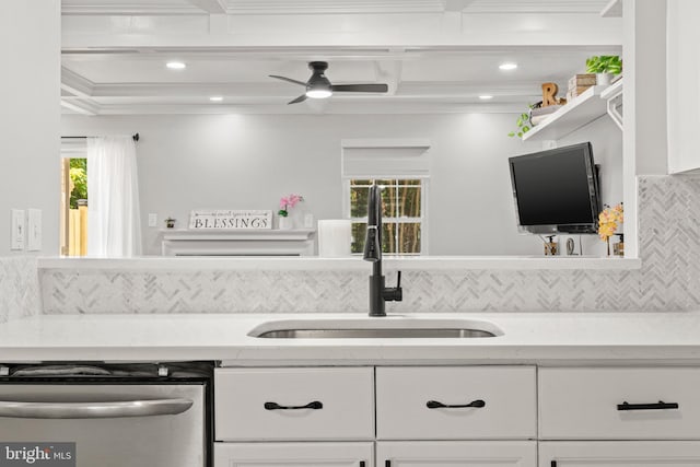 14983 Cheyenne Way, Haymarket, VA 20169 - kitchen featuring dishwasher, decorative backsplash, white cabinets, coffered ceiling, and a ceiling fan
