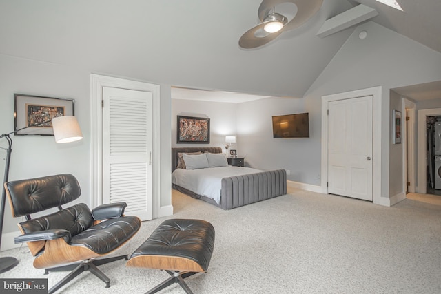 151 N Union St Unit 6, Lambertville, NJ 08530 - bedroom with carpet flooring, high vaulted ceiling, and ceiling fan