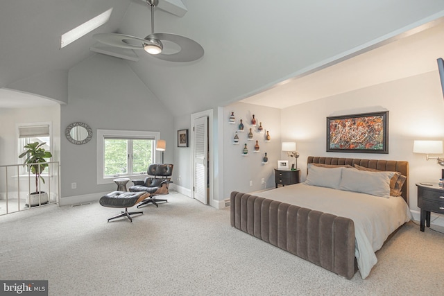 151 N Union St Unit 6, Lambertville, NJ 08530 - bedroom with high vaulted ceiling, carpet, a ceiling fan, and a skylight