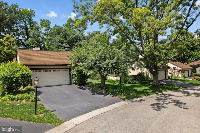 6 Steeplechase Ln, Blue Bell, PA 19422 - view of property hidden behind natural elements featuring a chimney, a tiled roof, a front lawn, asphalt driveway, and an attached garage