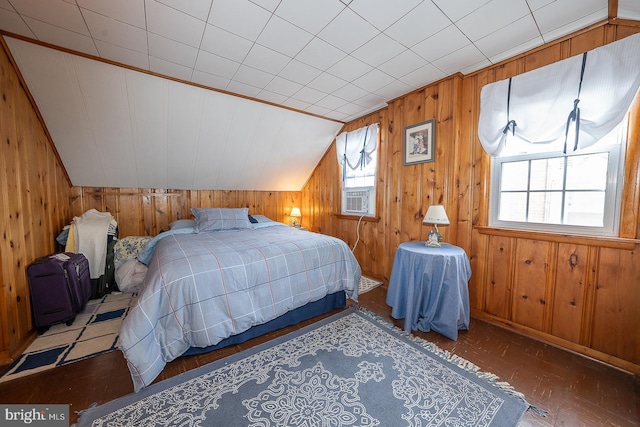 127 Long Rd, King Of Prussia, PA 19406 - bedroom featuring wood walls, vaulted ceiling, and wood finished floors