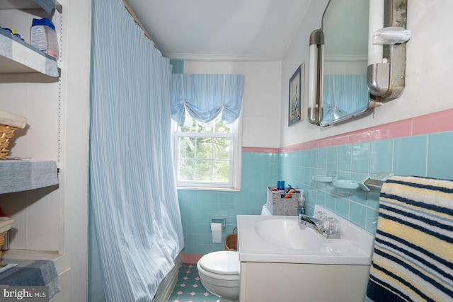 127 Long Rd, King Of Prussia, PA 19406 - bathroom featuring vanity, tile walls, a shower with shower curtain, and a wainscoted wall