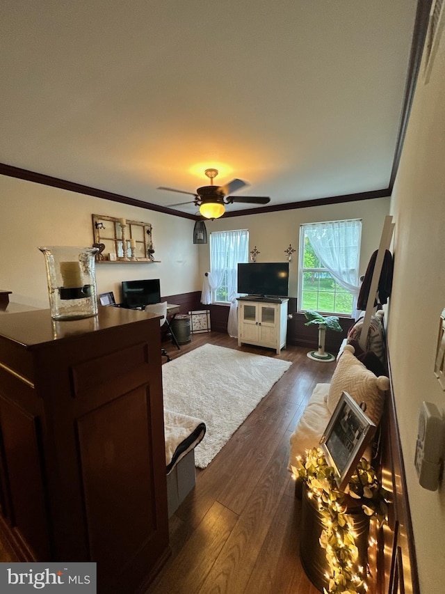 33 Aspen Ct, Bordentown, NJ 08505 - living room featuring crown molding, dark wood-style flooring, ceiling fan, and an office area