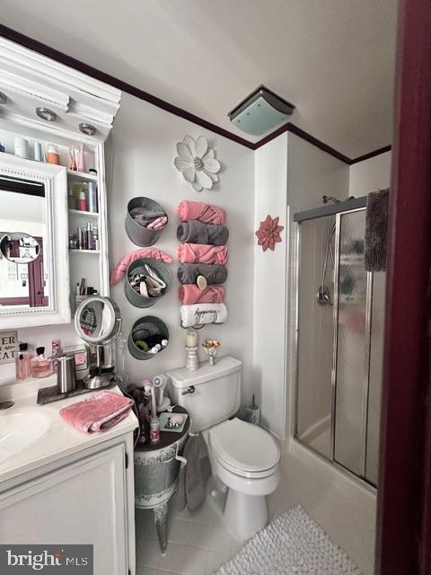 33 Aspen Ct, Bordentown, NJ 08505 - bathroom with a stall shower, tile patterned floors, crown molding, and vanity