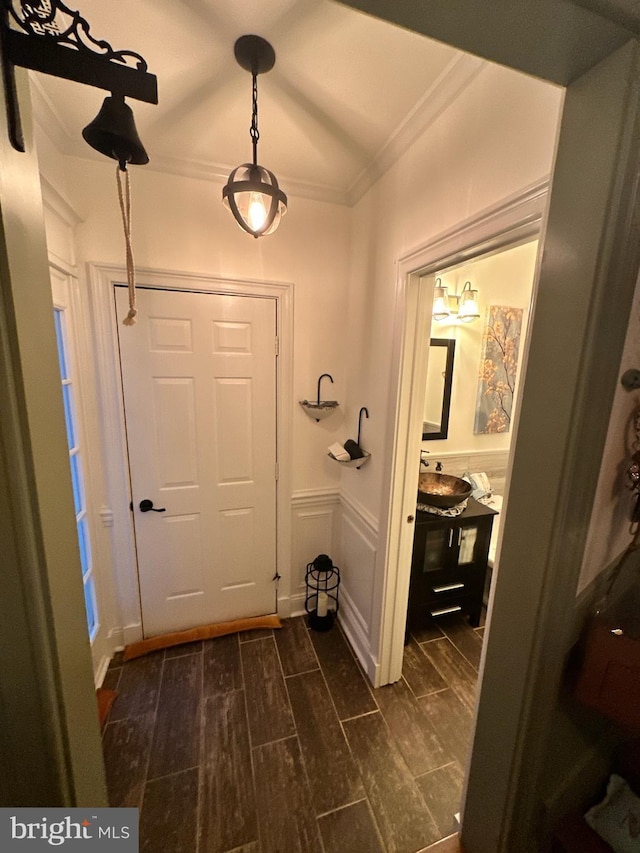 33 Aspen Ct, Bordentown, NJ 08505 - foyer entrance featuring ornamental molding and dark wood-style floors
