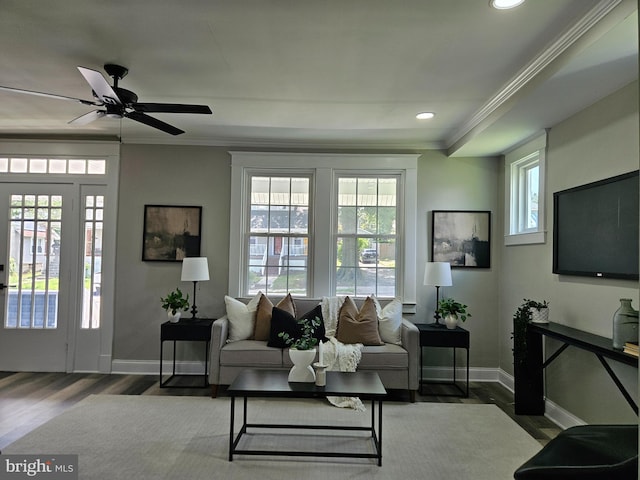 2900 Westfield Ave, Baltimore, MD 21214 - living room with ornamental molding, recessed lighting, wood finished floors, and a ceiling fan