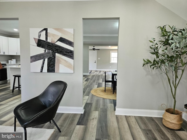 2900 Westfield Ave, Baltimore, MD 21214 - office area with wood finished floors, ornamental molding, a ceiling fan, and recessed lighting