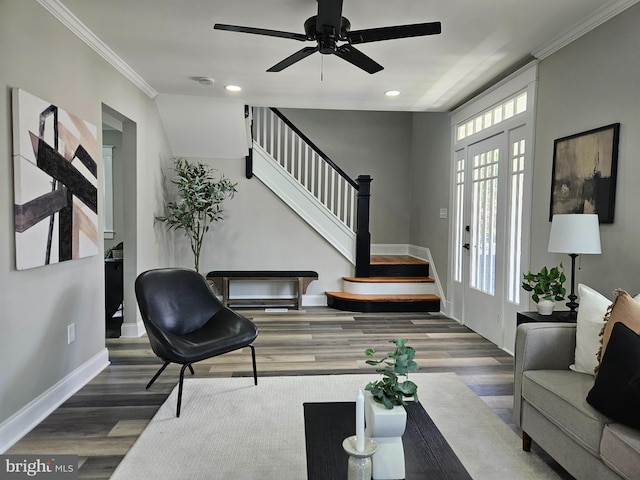 2900 Westfield Ave, Baltimore, MD 21214 - living area with stairs, wood finished floors, recessed lighting, crown molding, and ceiling fan