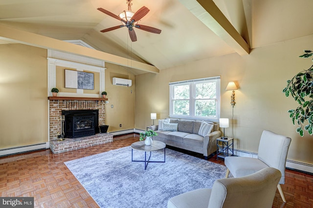 121 Pine Valley Dr, Middletown, DE 19709 - living area with an AC wall unit, lofted ceiling, a ceiling fan, a baseboard radiator, and baseboard heating