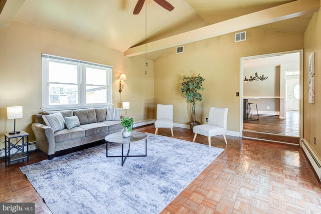 121 Pine Valley Dr, Middletown, DE 19709 - living area featuring vaulted ceiling, a baseboard radiator, and a ceiling fan