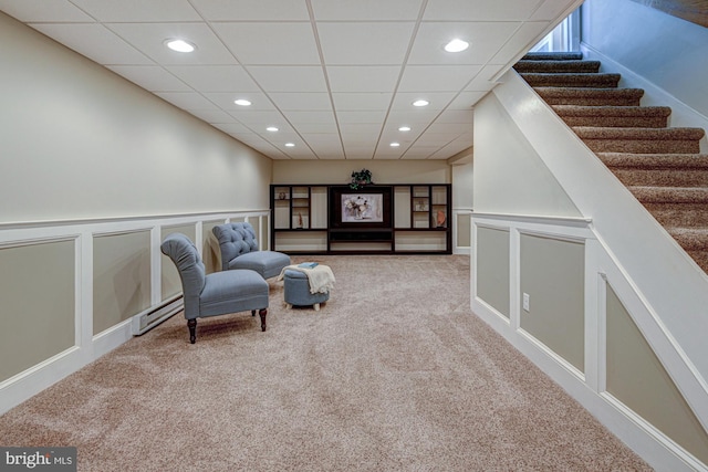 121 Pine Valley Dr, Middletown, DE 19709 - sitting room with carpet flooring, recessed lighting, a baseboard radiator, a decorative wall, and a paneled ceiling