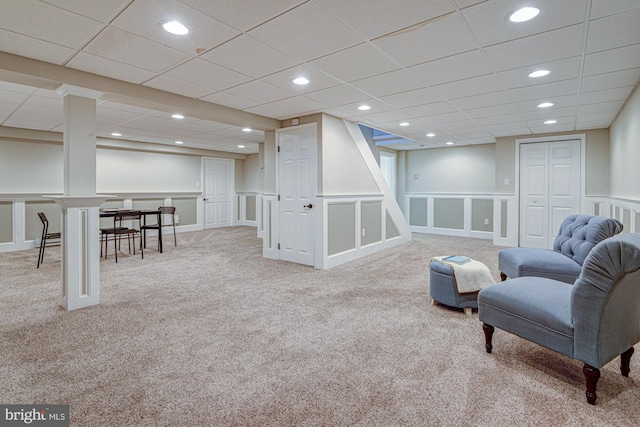 121 Pine Valley Dr, Middletown, DE 19709 - sitting room featuring carpet flooring, recessed lighting, a decorative wall, a wainscoted wall, and a drop ceiling