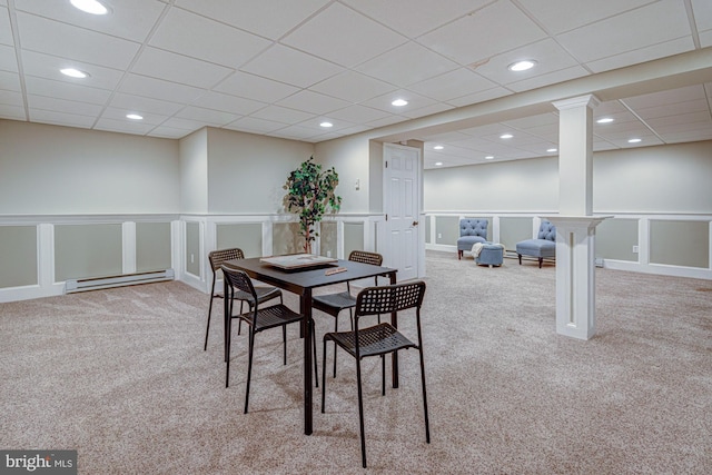 121 Pine Valley Dr, Middletown, DE 19709 - dining area featuring baseboard heating, carpet, a paneled ceiling, recessed lighting, and a decorative wall