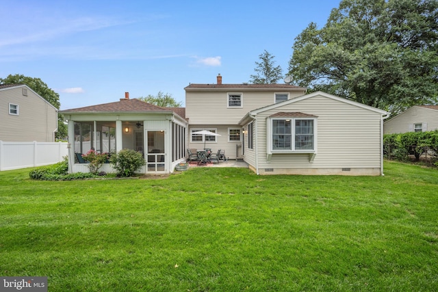 3007 Concord Dr, Cinnaminson, NJ 08077 - rear view of house featuring a sunroom, a patio area, crawl space, and a chimney