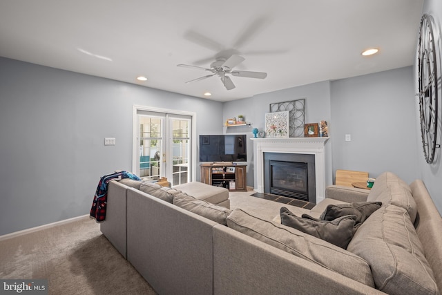 3007 Concord Dr, Cinnaminson, NJ 08077 - living area featuring carpet, ceiling fan, a fireplace with flush hearth, and recessed lighting