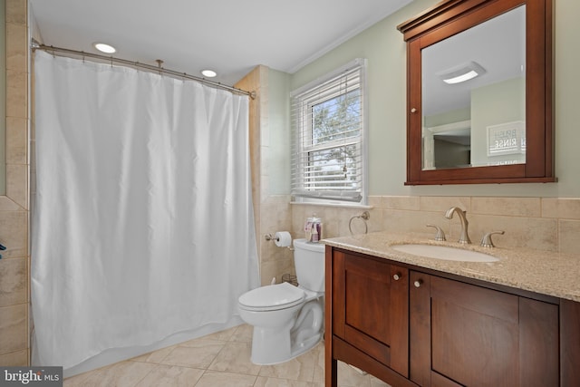 3007 Concord Dr, Cinnaminson, NJ 08077 - bathroom with vanity, a shower with shower curtain, tile walls, and tile patterned floors