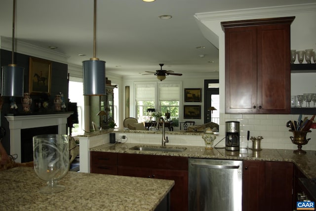 2008 Avinity Loop, Charlottesville, VA 22902 - kitchen featuring dishwasher, ceiling fan, decorative backsplash, open floor plan, and light stone countertops