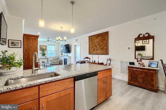 401 Bold Ruler Ct Unit 403, Havre De Grace, MD 21078 - kitchen with stainless steel dishwasher, ornamental molding, light wood-type flooring, light stone countertops, and brown cabinets