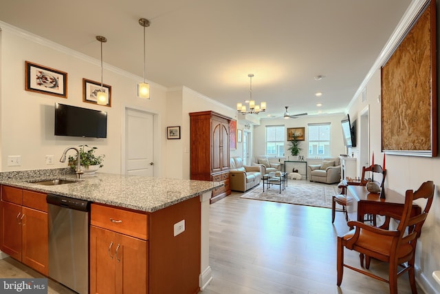 401 Bold Ruler Ct Unit 403, Havre De Grace, MD 21078 - kitchen with dishwasher, brown cabinetry, light wood-type flooring, a chandelier, and a peninsula