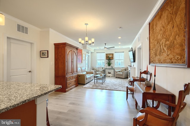 401 Bold Ruler Ct Unit 403, Havre De Grace, MD 21078 - living area with crown molding, light wood-type flooring, a chandelier, a ceiling fan, and recessed lighting