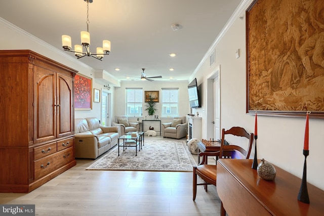 401 Bold Ruler Ct Unit 403, Havre De Grace, MD 21078 - living room with ceiling fan, a chandelier, crown molding, light wood-style floors, and recessed lighting