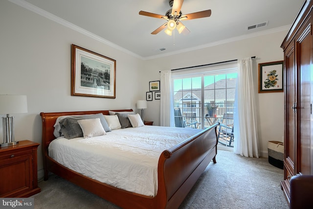 401 Bold Ruler Ct Unit 403, Havre De Grace, MD 21078 - carpeted bedroom with access to exterior, crown molding, and a ceiling fan