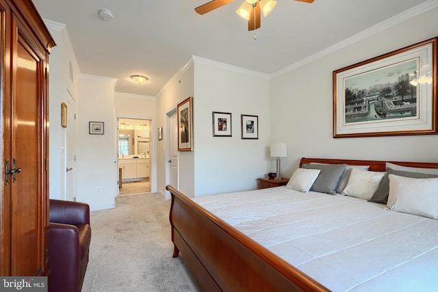 401 Bold Ruler Ct Unit 403, Havre De Grace, MD 21078 - bedroom with light carpet, crown molding, connected bathroom, and ceiling fan