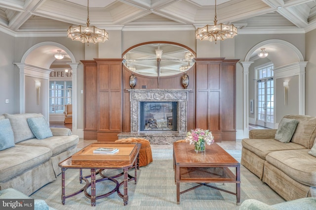 401 Bold Ruler Ct Unit 403, Havre De Grace, MD 21078 - living area featuring arched walkways, coffered ceiling, decorative columns, plenty of natural light, and crown molding