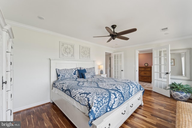1045 Back Bay Beach Rd, West River, MD 20778 - bedroom featuring french doors, crown molding, wood finished floors, and a ceiling fan