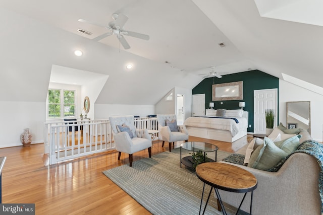 1045 Back Bay Beach Rd, West River, MD 20778 - living area featuring ceiling fan, lofted ceiling, and wood finished floors
