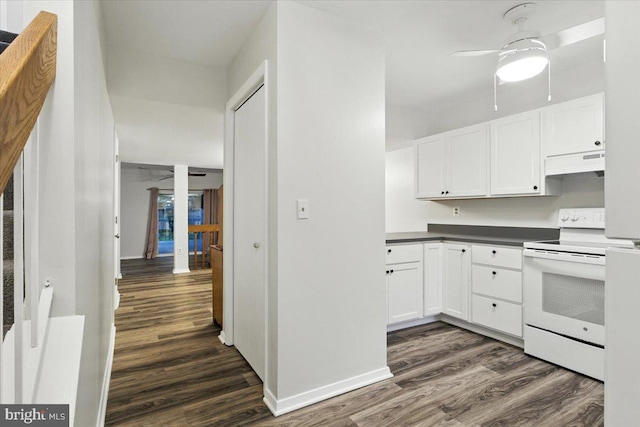 1348 Hazel Nut Ct, Annapolis, MD 21409 - kitchen featuring white electric range, under cabinet range hood, dark wood-type flooring, ceiling fan, and white cabinetry