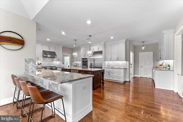 203 Geist View Cir, Media, PA 19063 - kitchen featuring under cabinet range hood, appliances with stainless steel finishes, decorative backsplash, a center island, and recessed lighting