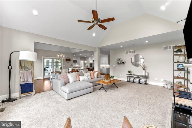 203 Geist View Cir, Media, PA 19063 - carpeted living room featuring a ceiling fan, recessed lighting, high vaulted ceiling, and a chandelier