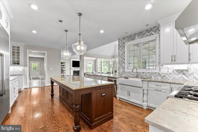 203 Geist View Cir, Media, PA 19063 - kitchen featuring range hood, tasteful backsplash, a fireplace, light stone counters, and stainless steel appliances