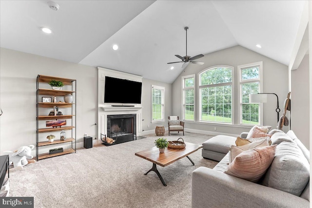 203 Geist View Cir, Media, PA 19063 - living room featuring carpet flooring, a high end fireplace, ceiling fan, lofted ceiling, and recessed lighting