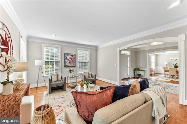 203 Geist View Cir, Media, PA 19063 - living area featuring arched walkways, light wood finished floors, and crown molding