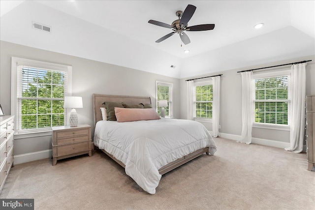 203 Geist View Cir, Media, PA 19063 - bedroom featuring multiple windows, light colored carpet, vaulted ceiling, and a ceiling fan